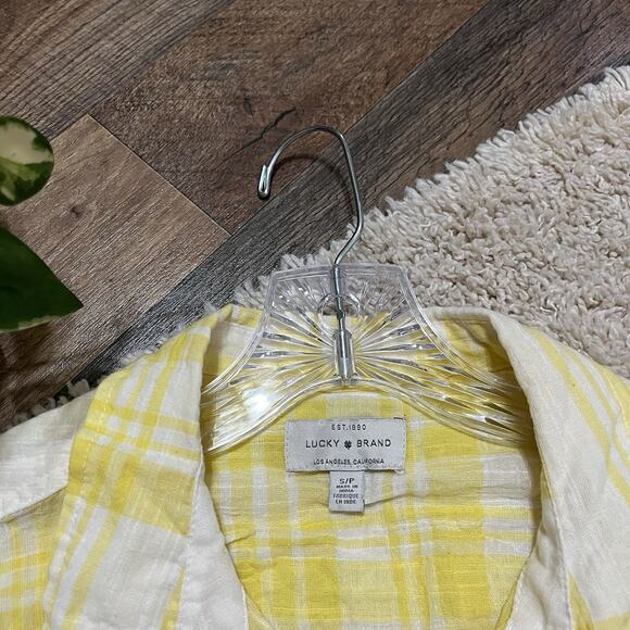Lucky Brand Size Small Yellow White Plaid Button Down Linen Blend Top - Picture 3 of 5